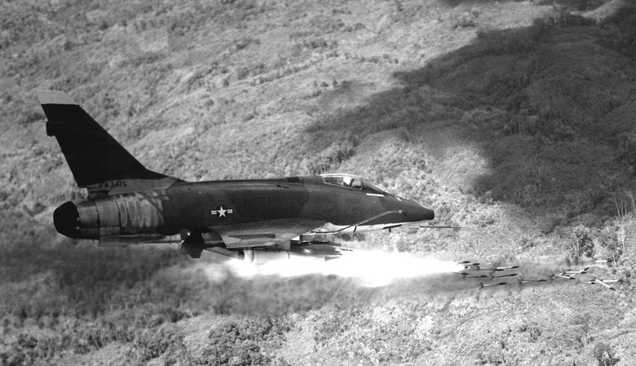 A US Air Force F-100D Super Sabre launches rockets against ground targets in Vietnam (US Air Force)